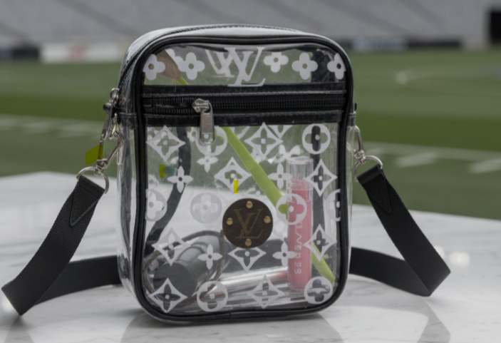 Stadium Clear Purse with Upcycled Designer Patch - Que Sera Bracelets - Sing Along While Shopping Que Sera Sera...