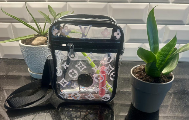 Stadium Clear Purse with Upcycled Designer Patch - Que Sera Bracelets - Sing Along While Shopping Que Sera Sera...